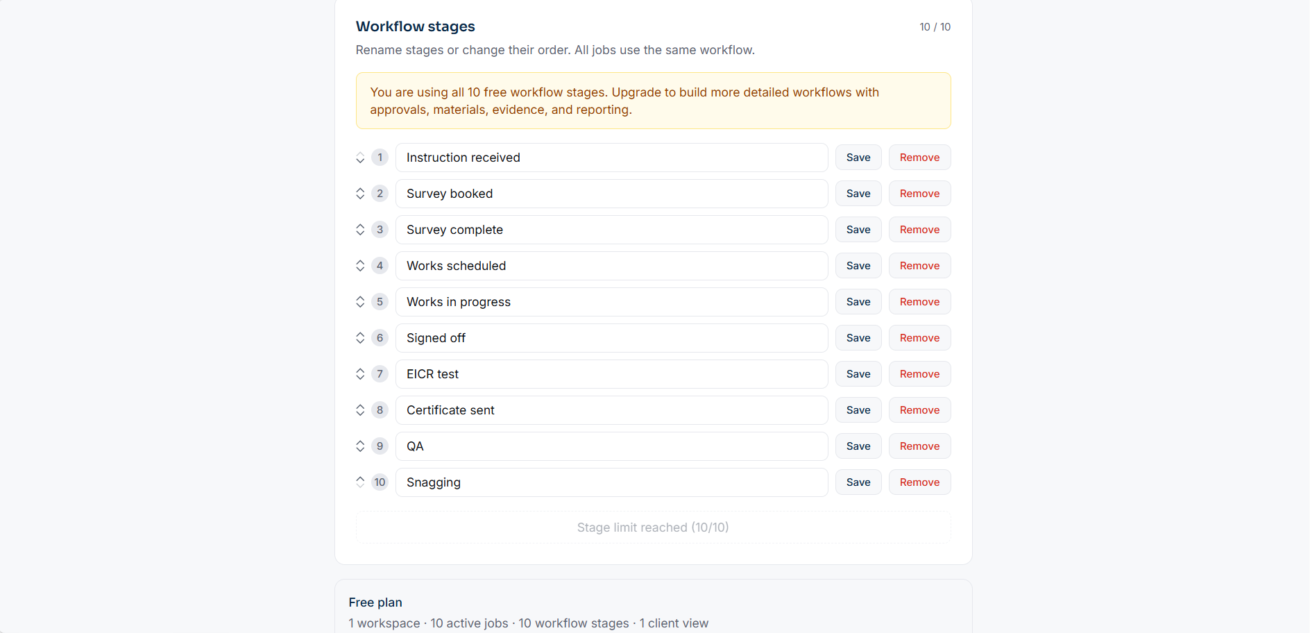 Settings screen showing 10 workflow stages: Instruction received, Survey booked, Survey complete, Works scheduled, Works in progress, Signed off, EICR test, Certificate sent, QA, Snagging